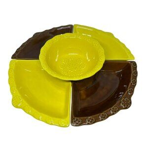VTG California Pottery 5‑Piece Lazy Susan Chip & Dip Set – 12″ Brown Yellow USA